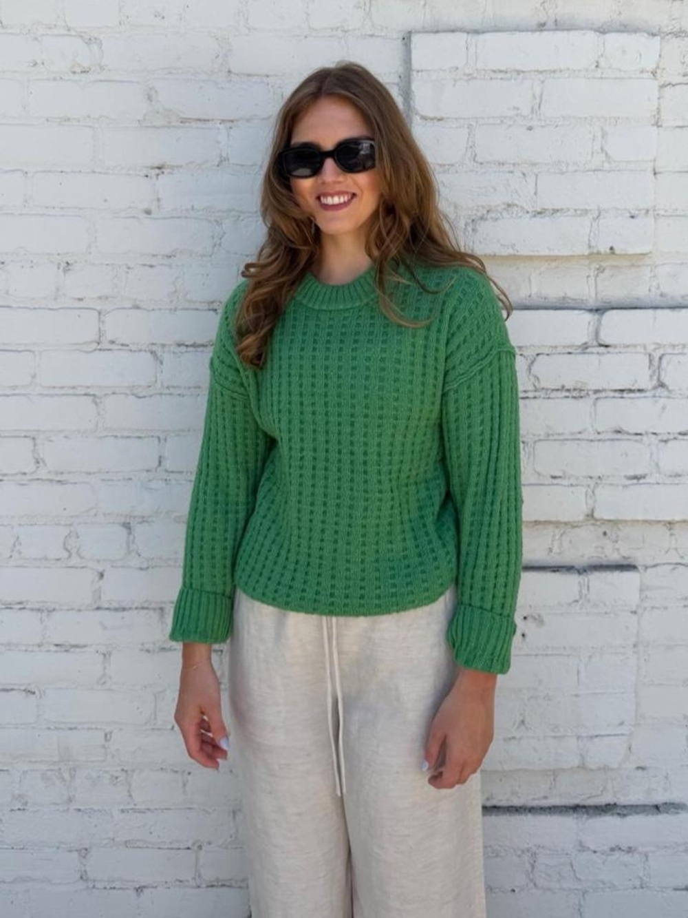 Green chucky ribbed knit sweater with textured grid pattern sz S #knitwear #cozy
